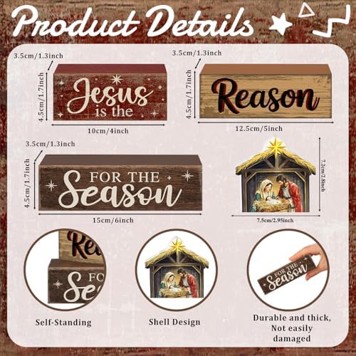 Moucuny 4 Pcs Christmas Table Decor Christian Nativity Scene Wooden Blocks