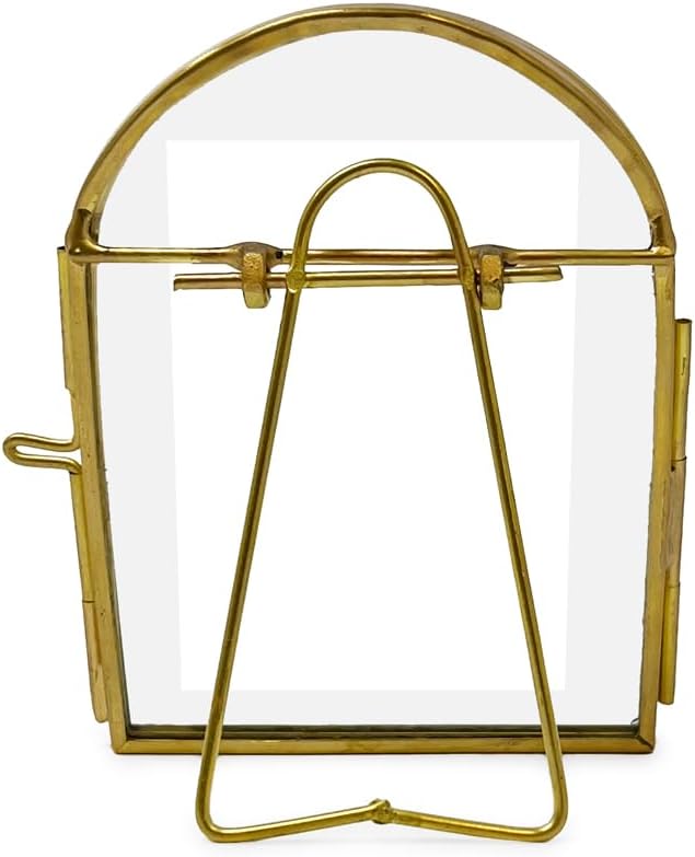 Arched Brass & Glass Metal Floating Picture Frame / 2 x 3 / Antique Gold