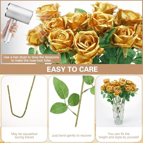 36 Pcs Gold Artificial Roses with Long Stems