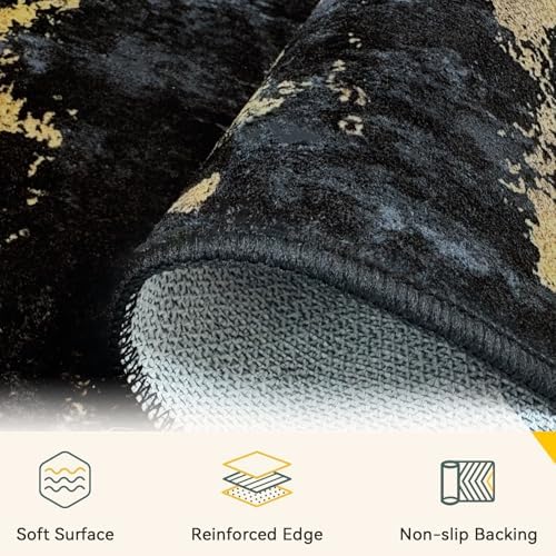 RELEANY Washable 7'x10' Abstract Area Rug for Living Room Black Gold