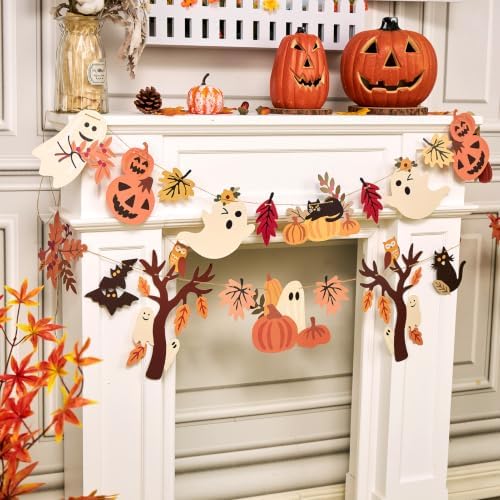 Halloween Fall Decorations - 2PCS Cute Little Ghost and Pumpkin Maple Leaves Paper Banner Bunting