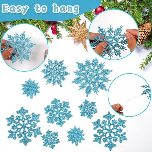36pcs Christmas Light Blue Snowflake Ornaments Plastic Glitter Snow Flakes Ornaments for Winter Christmas Tree Decorations Size Varies Craft Snowflakes