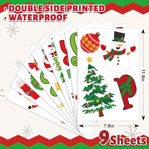 Whaline 9 Sheets Christmas Window Cling Stickers Xmas Santa Reindeer Cartoon Reusable Window Decals for Holiday Party Home Office Classroom Decoration