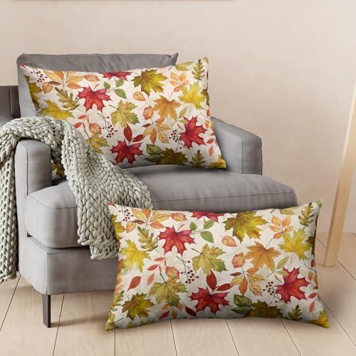 Fall Leaves Pillow Covers 12x20 Set of 2 Maple Leaf Autumn Lumbar Throw Pillows Seasonal Thanksgiving Harvest Pillowcase Rustic Farmhouse Cushion Case for Outdoor Couch Porch Patio