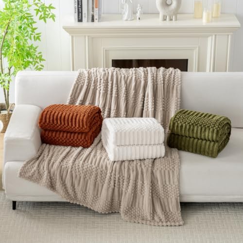 4 Pc Boho Throw Blanket - Soft & Fluffy Fleece, Neutral Tan Color, Cute & Aesthetic, Perfect for Sofa, Couch, Chair