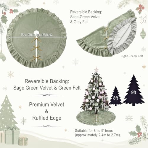 Velvet Christmas Tree Skirt, 60 Inches, Bow Style, Sage Green