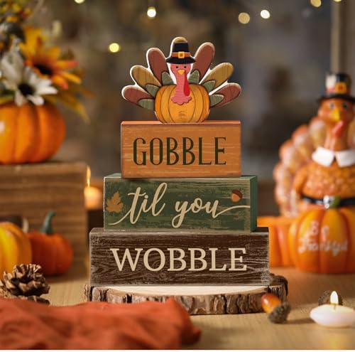 Lineshading 4 Pcs Fall Table Decor Thanksgiving Turkey Wooden Block Signs