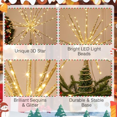 15-Inch Starburst Christmas Star Tree Topper with 150 LEDs & Remote, Gold