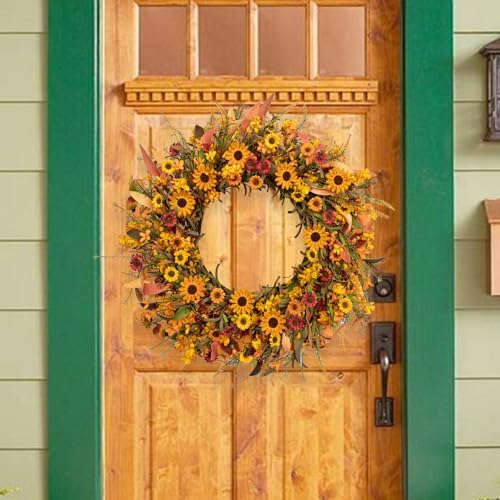 J'FLORU 28 Inch Artificial Fall Wreath Large Fall Wreaths for Front Door Autumn Wreath with Daisy and Lavender Berry Fall Leaves for Wall Fireplace Farmhouse Thanksgiving Day Harvest Festival Decor