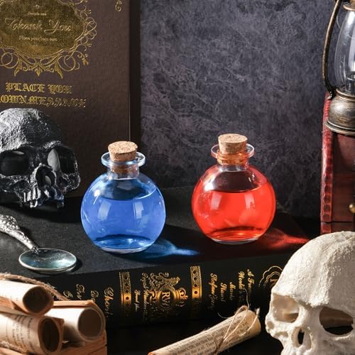 2 pack Glass Potion Bottles with Corks 9oz Empty Spherical Jars for DIY Crafts Decorative Clear Ball Bottle with Wood Stopper for Halloween Decor