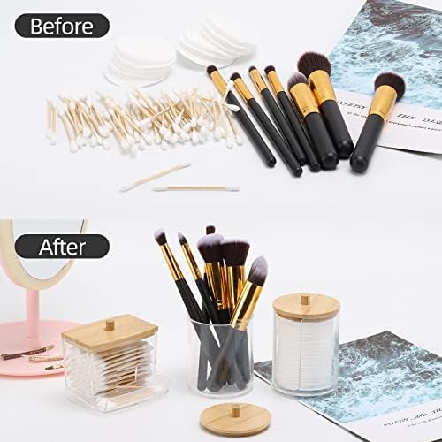 Tbestmax Bathroom Organizer Accessories Set-10 OZ Qtips Holder Storage with Bamboo Lids, Cotton Ball/Swabs Dispenser
