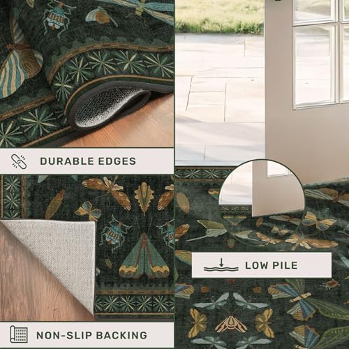 Washable 2x4 Rug Runner, Small Runners for Entryway Indoor, Kitchen, Bathroom, Dark Green Insect Boho Design, Non Slip