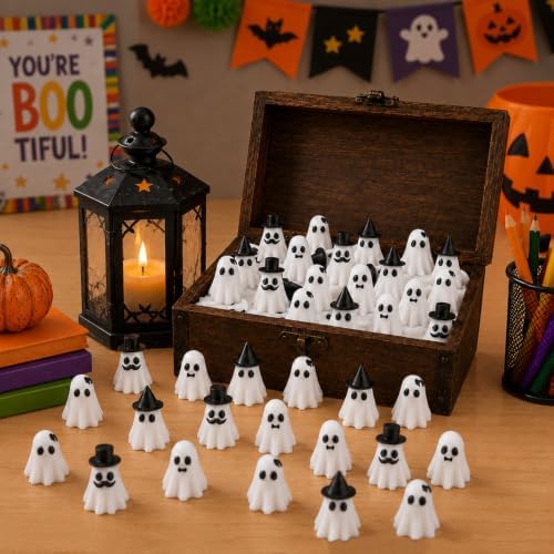 DULEFUN 50PCS Halloween Mini 3D Printed White Ghost Figure Miniatures Decor
