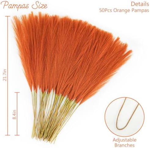obbsie 150PCS Orange Faux Pampas Grass Decor, 21.6" Fluffy Vase Filler