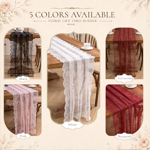 Terracotta Lace Table Runner with Floral Embroidered(3pcs 28”x118”)