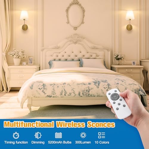 NIORSUN 14.5 inch Battery Operated Wall Sconce Set of 2,Gold Rechargeable Wall Lights with 10400mAh Dimmable Detachable