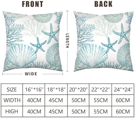Nautical Coastal Blue Throw Pillow Covers 20x20 Set of 2 Summer Turquoise Teal Beach Outdoor Pillow Cover Coral Seashell Starfish Ocean Decorative Pillow Cases for Living Room Couch Sofa