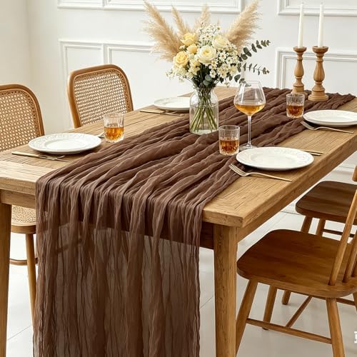 6Pcs Nude Cheesecloth Table Runner, 10FT Rustic Nude Gauze Table Runner 35*120inch Boho Runner for Wedding Bridal Shower Baby Shower Table Centerpiece Decorations