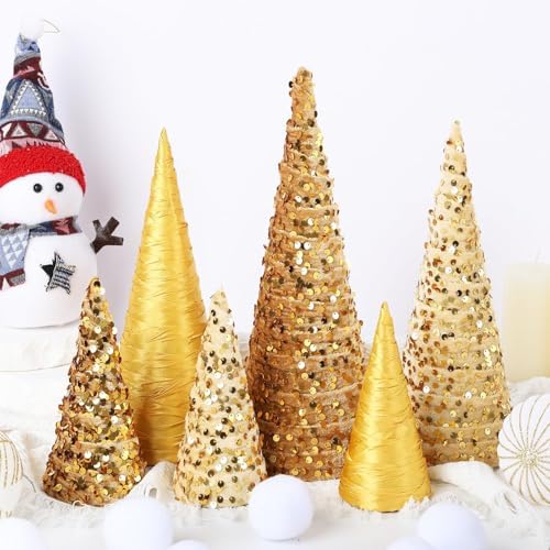 6 Pcs 12" 10" 6" Christmas Cone Tree Decorations Velvet Christmas Silk Gold Glitter Table Decor Farmhouse Flocked Tiered Tray Ornament Xmas Tree for Home Holiday Entryway Tabletop Centerpiece Decor