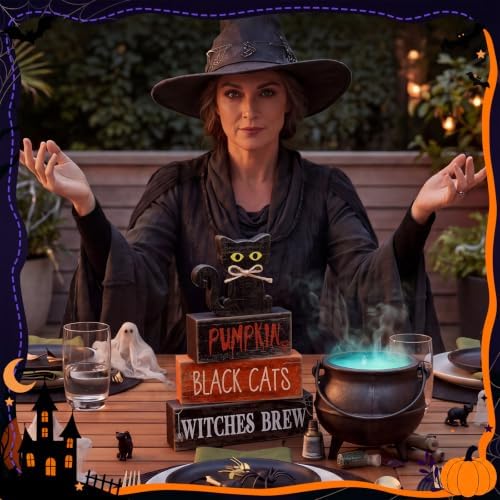 Lineshading 4 Pcs Halloween Table Decor for Home, Wooden Black Cat Sign Set