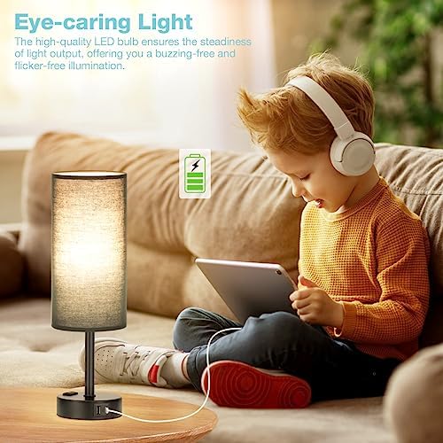 Fenmzee Black Bedside Lamp for Bedroom, Dimmable Touch, USB A+C, AC Outlet
