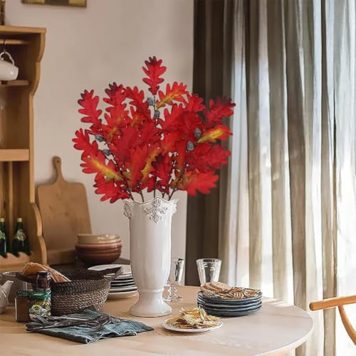 GnFlus 5 Pcs Artificial Fall Oak Leaves Stems 19.6” Fake Autumn Foliage Branches for Home Kitchen Farmhouse Vase Thanksgiving Table Centerpieces Party Halloween Decor Red