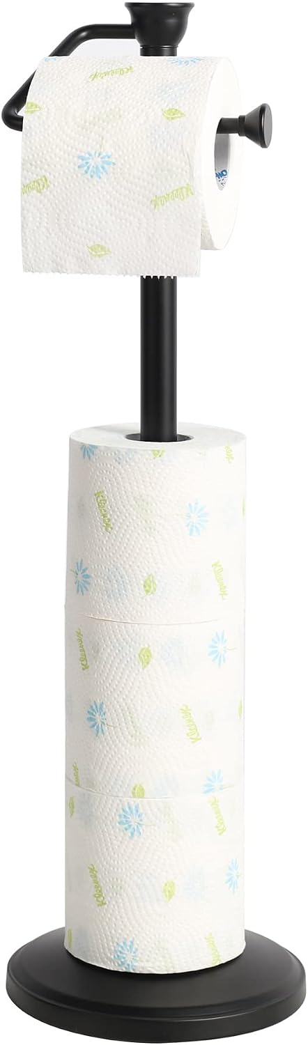 Free Standing Toilet Paper Holder Stand with Reserve, Bathroom Tissue Dispenser Storage for 5 Mega Rolls, Black Toilet