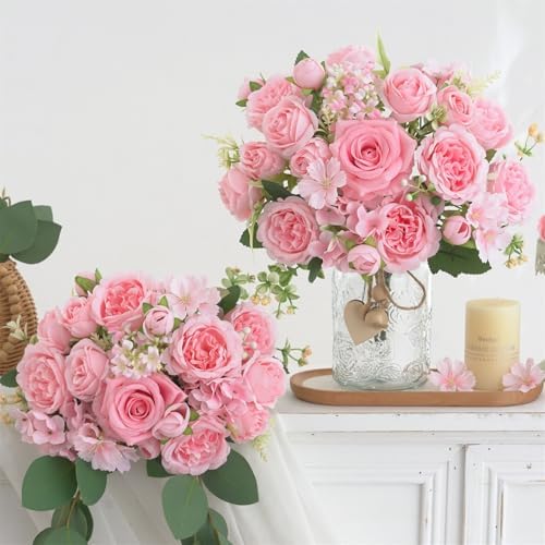 8 Pcs Mixed Artificial Peony Flowers Set-4 Bouquets & 4 Stems, Pink Fake Peony Rose Hydrangea Flowers for Vase Silk Floral Arrangements for Table Centerpiece Wedding Party Bridal Decoration Home Decor