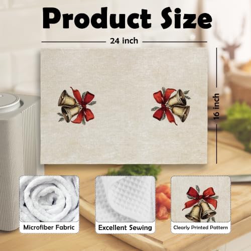 Coquette Red Bow Christmas Bell Kitchen Dish Towels 16x24, Set of 2