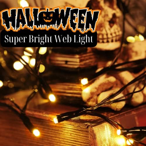 Halloween Decorations Spider Web Lights - 4FT Diameter 70 LEDs with Black Spider, Waterproof Net Lights, Remote Control, 8 Modes Cobweb Halloween Decorations for House Garden Indoor Outdoor (Orange)