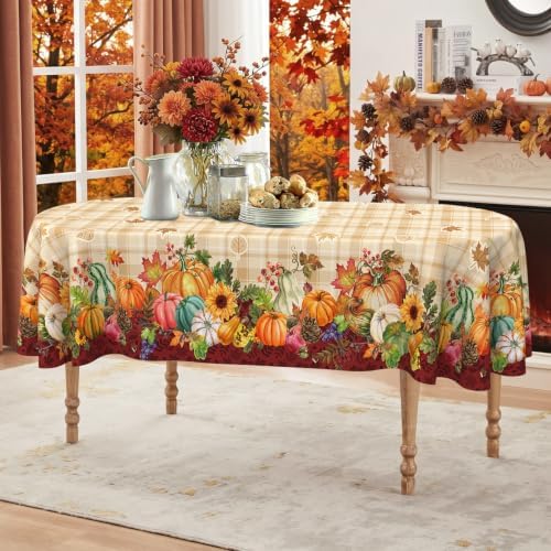 Fall Plaid Oval Tablecloth 60 x 84 Inch, Stain Resistant Washable Fabric Autumn Harvest Pumpkin Table Cloth Oval Fall Tablecloth Table Cover for Kitchen Dining Party