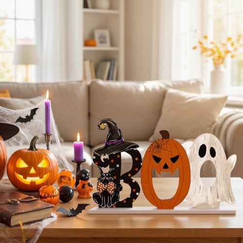 Smile Halloween Wooden Standing Decor Set Ghost Pumpkin and Black Cat
