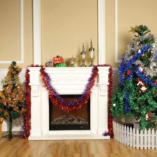 Shappy 90 ft 6 Rolls Christmas Tinsel Garland for Tree, Rose Red