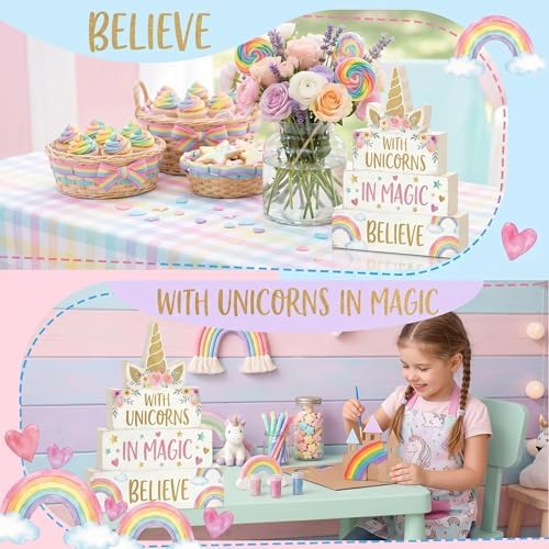 Britimes Tiered Tray Decor Set, 4 Pack, Wooden Table Sign, Unicorn Rainbow