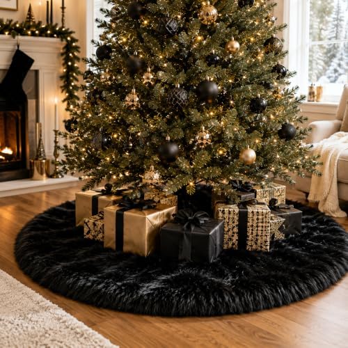 AISENO 60 Inch Black Faux Fur Christmas Tree Skirt - Halloween Tree Skirt Plush Holiday Decor for Xmas Tree, Festive Party, Home Decorations