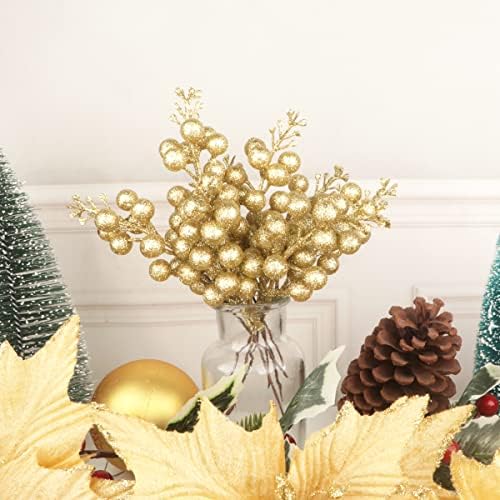 24 Pack Glitter Gold Berry Stems,7.5 Inch Christmas Sparking Gold Faux Winter Berry Sprigs,Artificial Berries Branches for Christmas Tree Garland Wreath Crafts Season Winter Home Decor