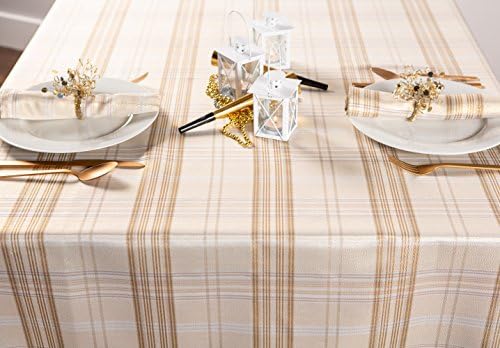 DII Holiday Dining Table & Kitchen Décor Metallic Fabric, Christmas Tablecloth, 60x104, Gold & Cream Plaid