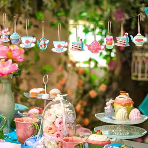 SmoothNovelty 24 Pcs Tea Party Decoration Felt Hanging Ornaments Spring Tea Time Hanging Decoration Teacup Cupcake Teapot Ceiling Decor for Mothers Day Wedding Princess Birthday Talking Party Favor