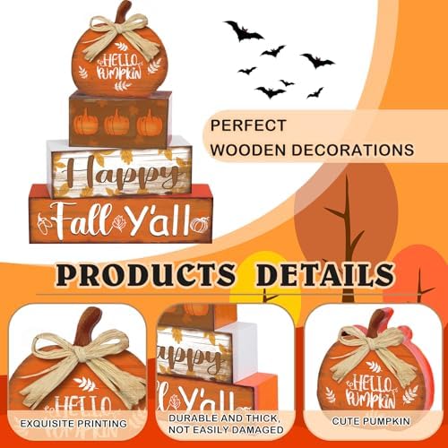 4 Pcs Fall Decor Home Pumpkin Wooden Sign Hello Fall Tiered Tray Decor