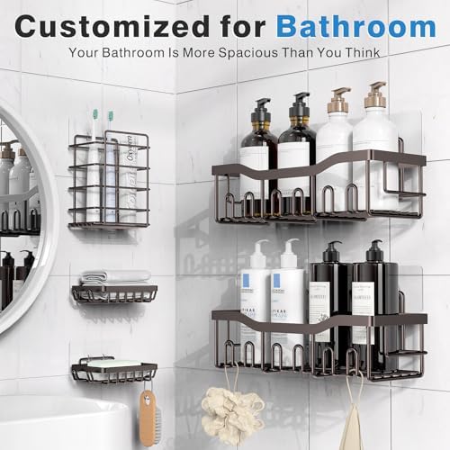 5-Pack Shower Caddy, No Drill Adhesive Shower Organizer, Rustproof Stainless Steel Bathroom Organizer, Space-Saving
