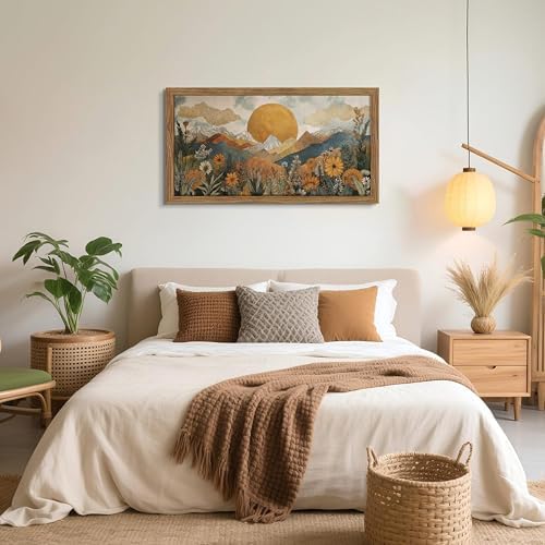 Framed Boho Landscape Large Wall Art, Abstract Sun Mountain Canvas Wall Decor Painting, Modern Floral Botanical