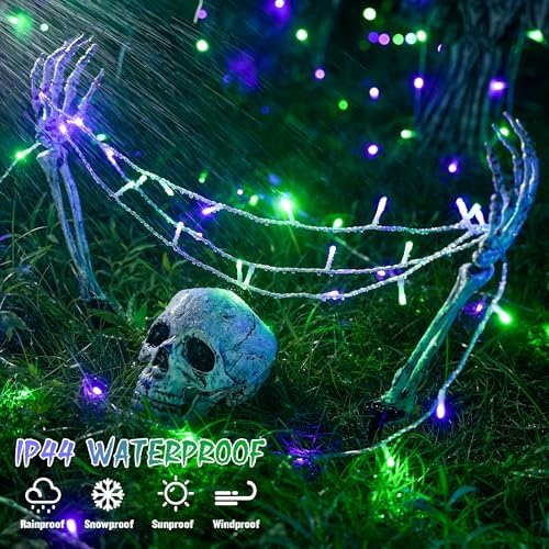 JMEXSUSS 2 Pack Purple and Green Halloween Lights, Total 200 LED 8 Modes Halloween String Lights Plug in, Each 33ft Connectable Christmas Lights Indoor Outdoor for Tree Porch Fireplace Decor
