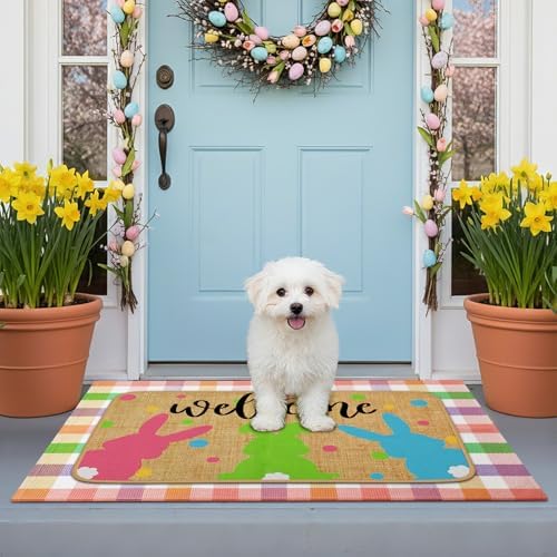 Tinideya 2 Pcs Easter Bunny Doormats Welcome Outdoor Spring Rabbit Door Mats Layered Front Door Rugs Non Slip Floor Mats for Porch Entryway Outdoor