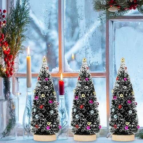 Winlyn 6 Pcs Artificial Tabletop Christmas Trees 8.3 Inch Frosted Green Bottle Brush Trees with Wood Bases Small Sisal Trees with White Snow and Ornaments for Winter Holiday Christmas Village Décor