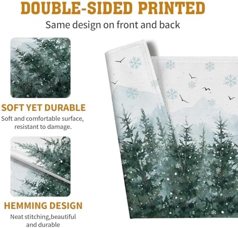 Winter Pine Tree Snowflake Placemats Set of 4 Christmas Snow Green Forest Place Mat 12x18 Inch Seasonal Xmas Holiday Rustic Nature Washable Fabric Table Mats for Farmhouse Kitchen Dining Decoration