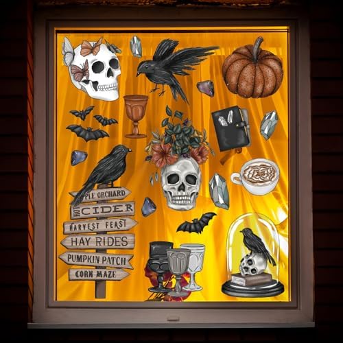 JarThenaAMCS 76Pcs Halloween Window Clings Gothic Skull Pumpkin Crow Window Sticker Double-Sided Decal for Glass Mirror Decor, 9 Sheet