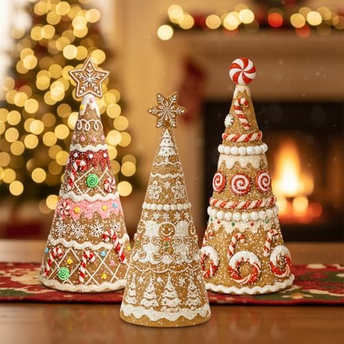Simgoing 3 Packs Gingerbread Christmas Tree Figurines Resin Tabletop Decor