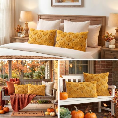 Artscope Pumpkin Fall Throw Pillow Covers 12x20 Set of 2, Autumn Soft Plush Faux Fur Decoration Cushion Covers for Thanksgiving Holiday Couch Sofa Bedroom Home Decor-Mustard Yellow