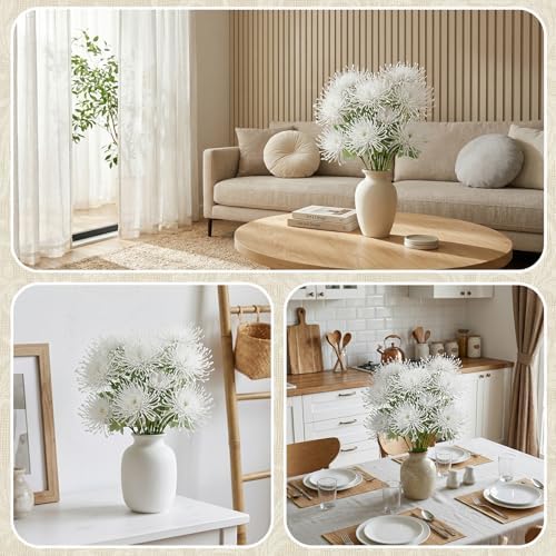 6PCS White Artificial Fake Mums Fall Faux Pincushion Flower