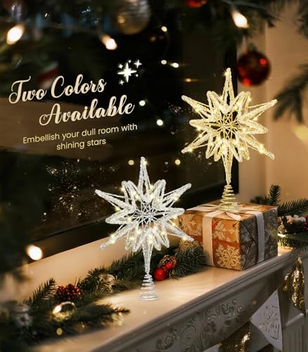 Luxspire Christmas Tree Topper, Lighted Star Tree Topper with USB Plug-in & Remote Control, 9.8" LED Metal Christmas Decorations Light, Xmas Trees Decor for Home Party, Crystal Hexagram-Silver